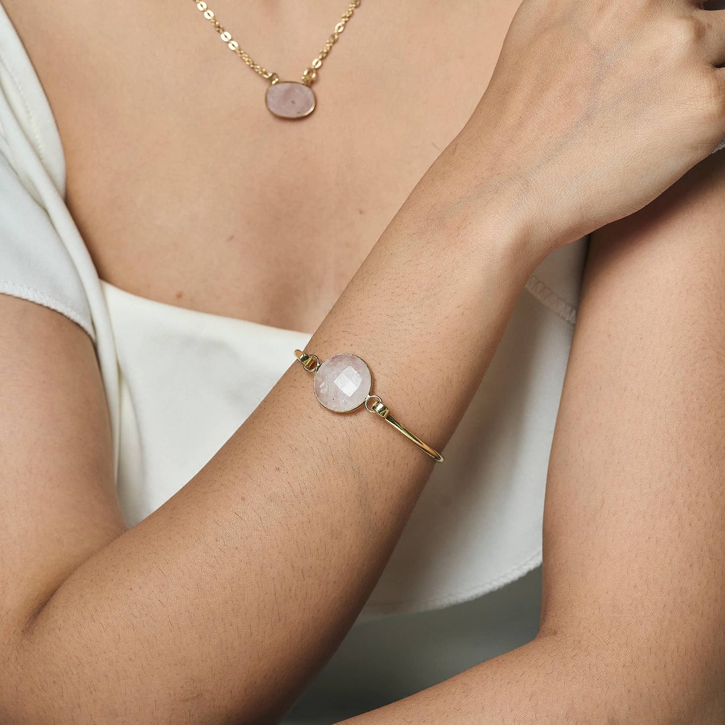 Gold Plated Bracelet with Semi-Precious Stone - Rose Quartz