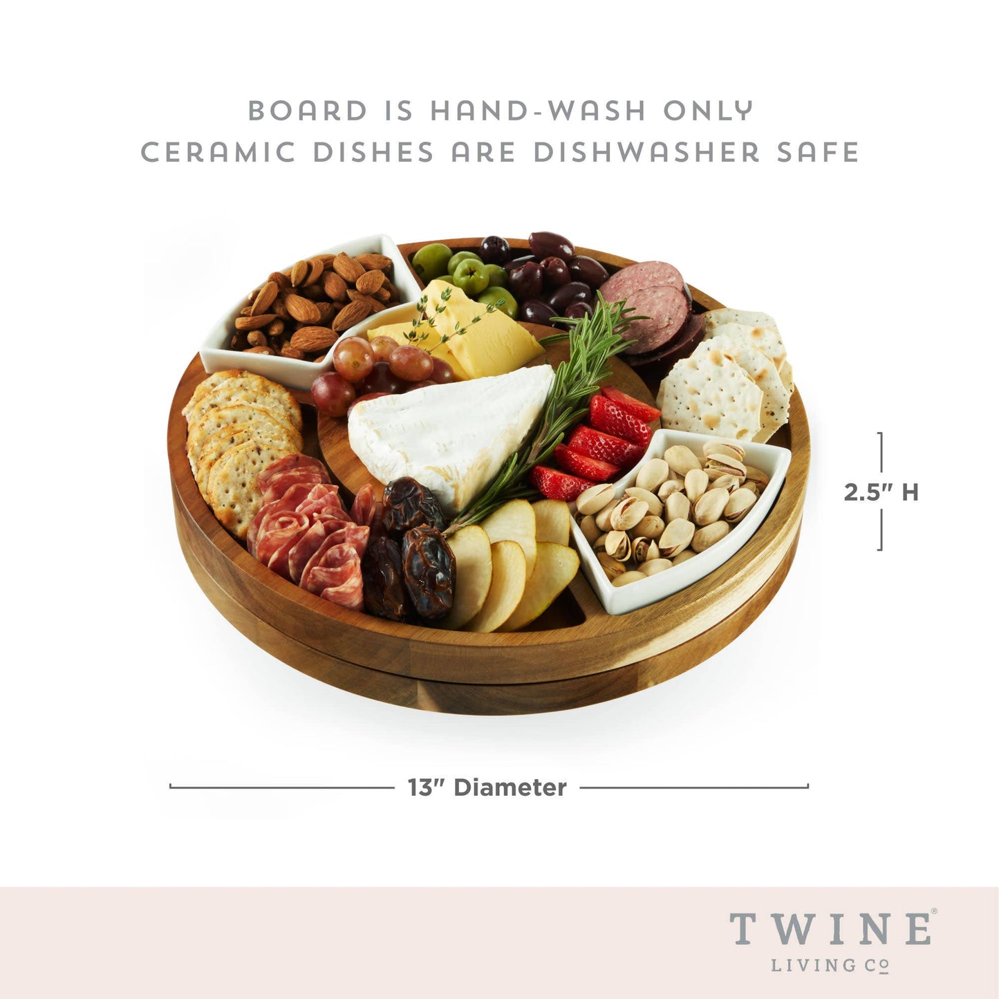 13 inch Rotating Acacia Charcuterie Board w 2 Ceramic Bowls