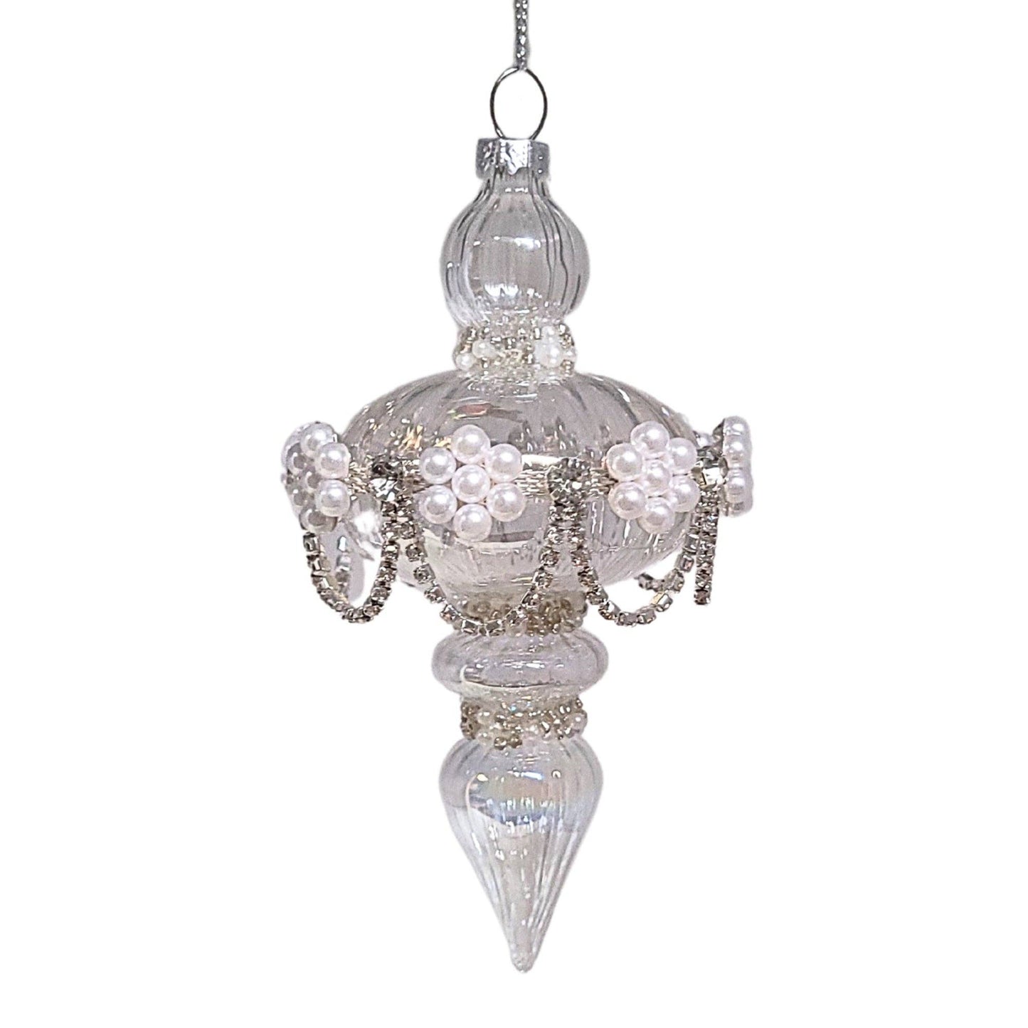 Glass Pearl Flower Finial w/ Rhinestone Garland 5.5"