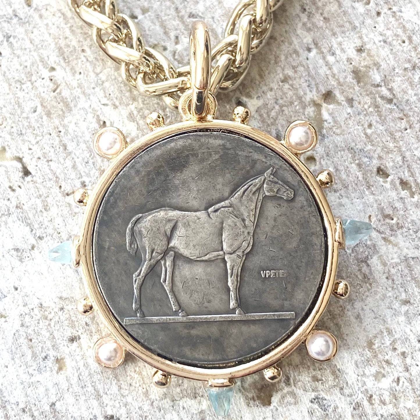 Coin necklace horse equestrian French boutique salon
