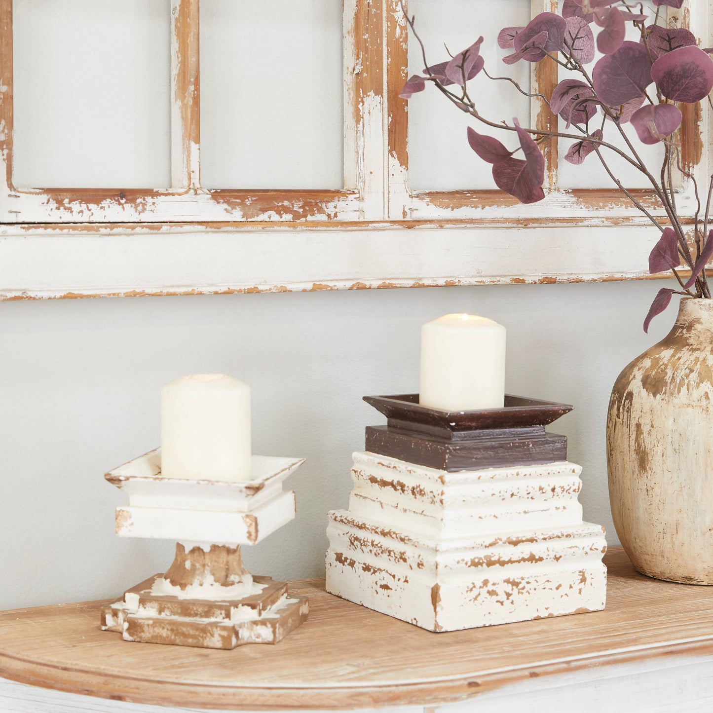 Vintage White Wood Candle Holder Set