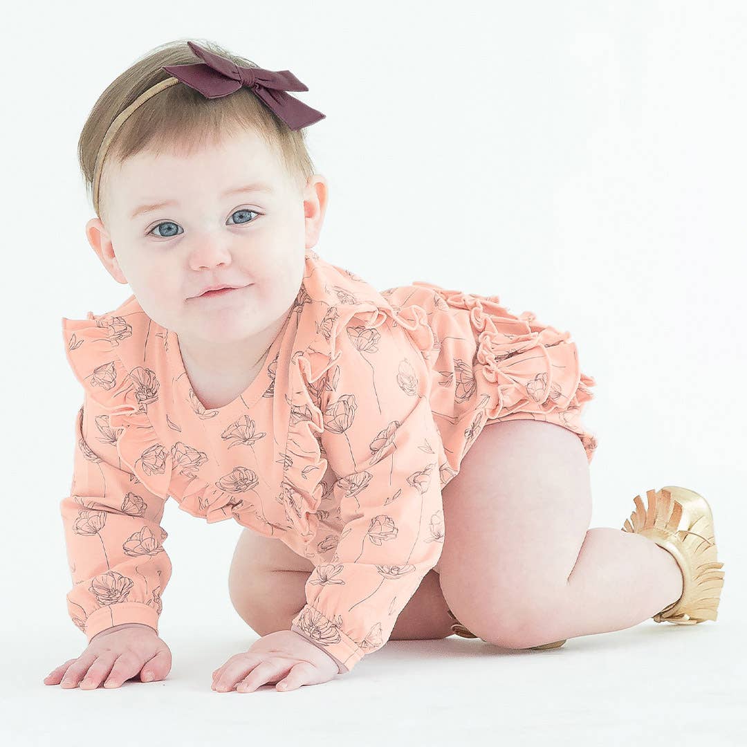 RuffleButts + RuggedButts - Baby Girls Antique Rose Knit Long Sleeve V-ruffle Bubble Romper