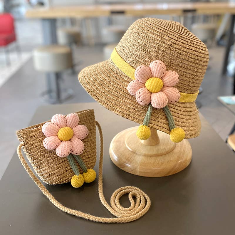 Sun Protection Beach Straw hat&flower Straw Bag 2pcs set