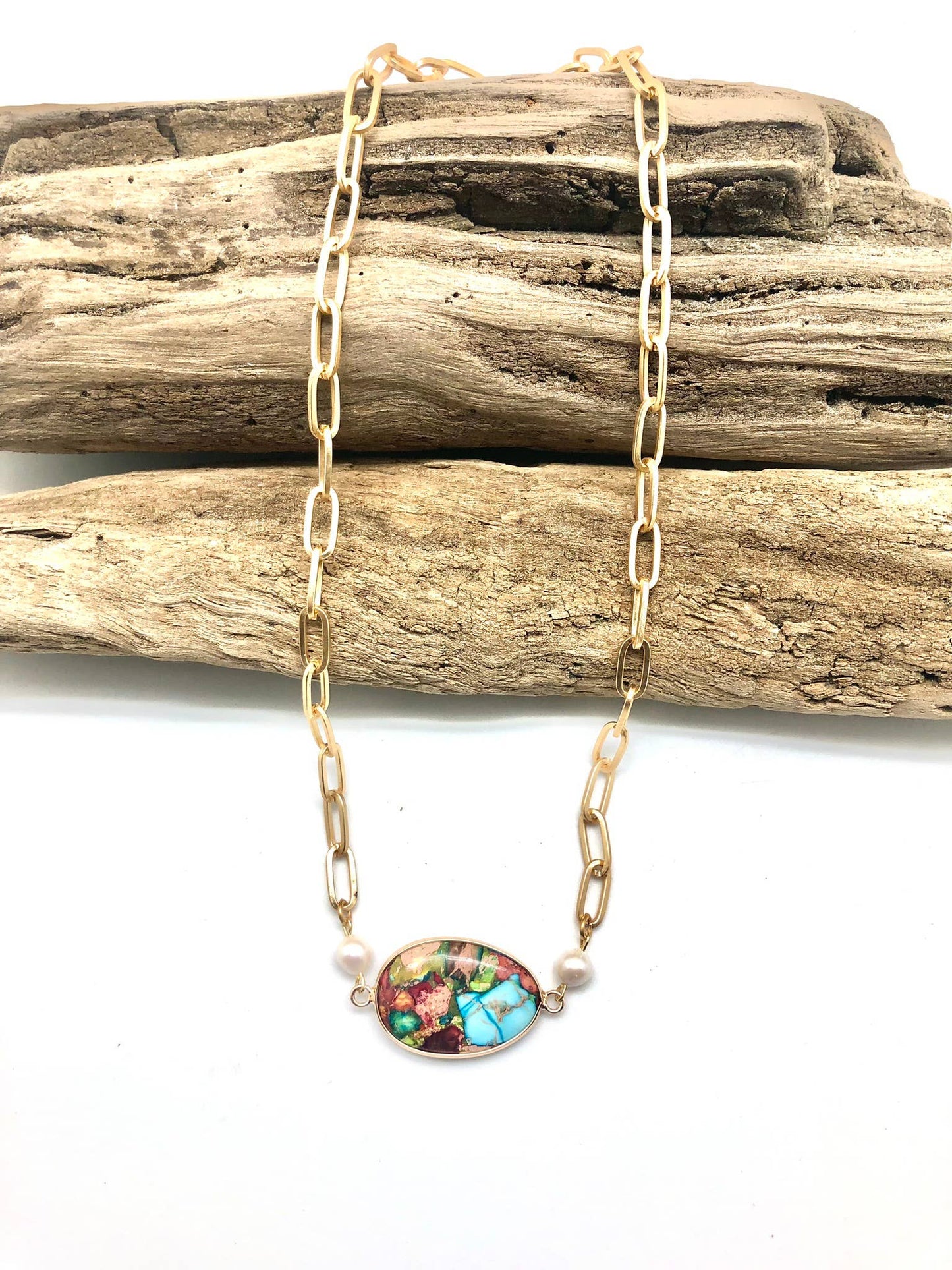 Necklace Matte Paper Clip Chainw/Jasper w/FreshwaterPearl18”