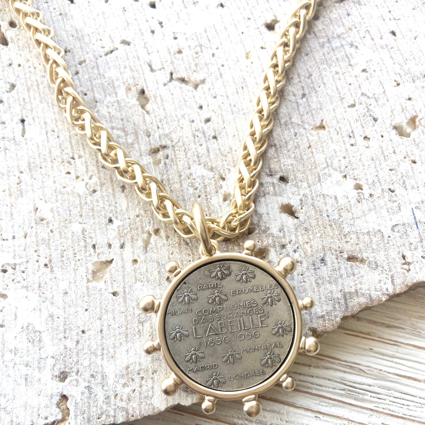 Matte gold horse French Bee coin necklace boutique