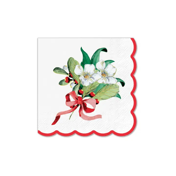 Red Ribbon Christmas Scalloped Beverage Napkin