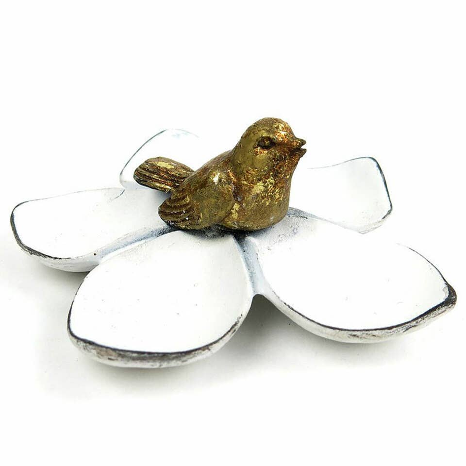Flower Bird Trinket Dish Wht/Gld