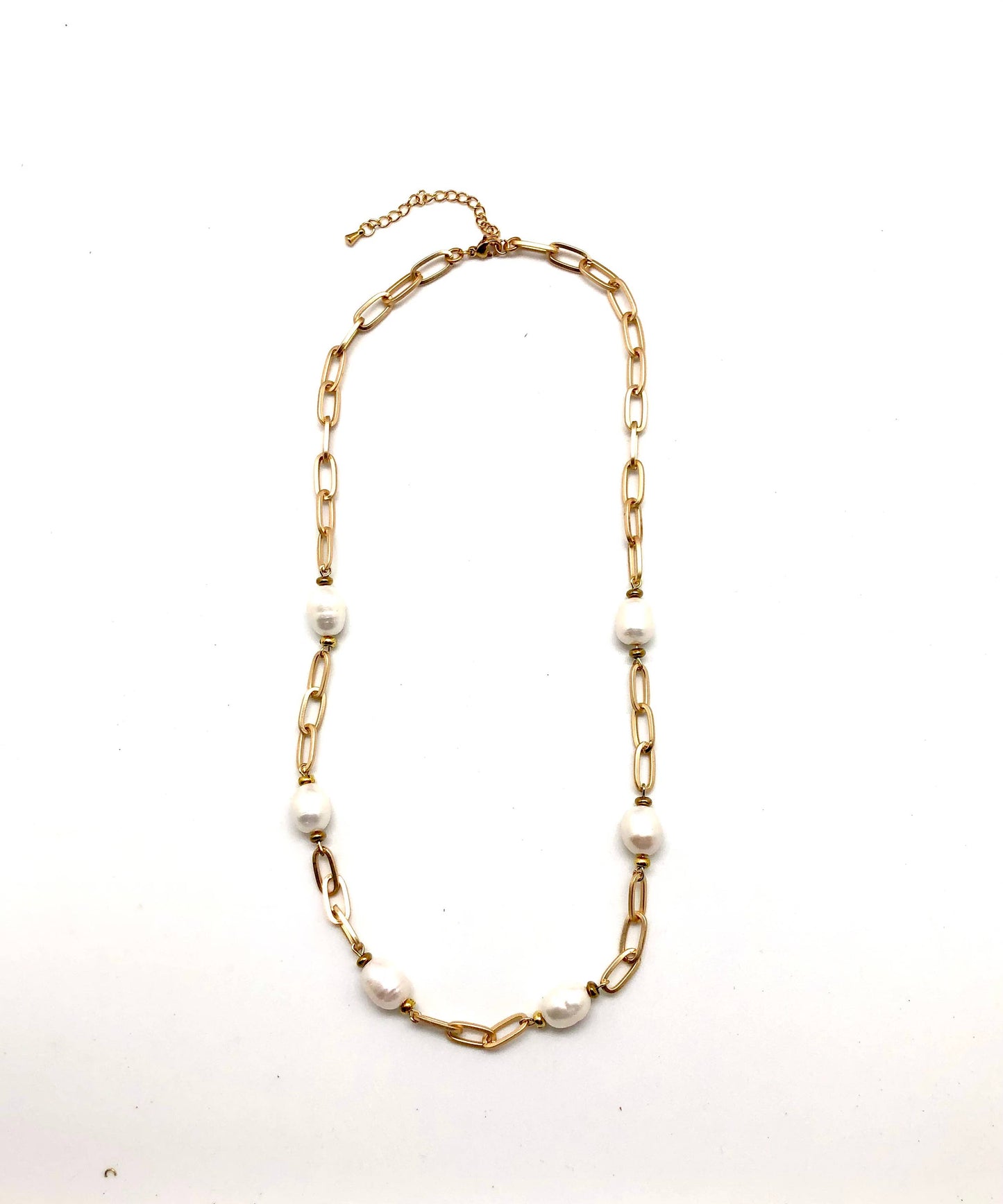 Necklace Matte Gold Paper Clip w/Freshwater Pearls18”w/2”ext