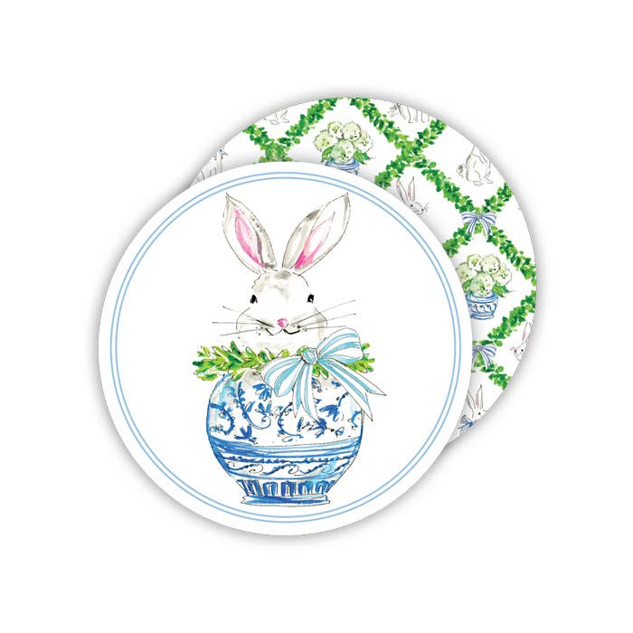 Handpainted Bunny in Chinoiserie Pot Round Coaster - RosanneBeck Collections -