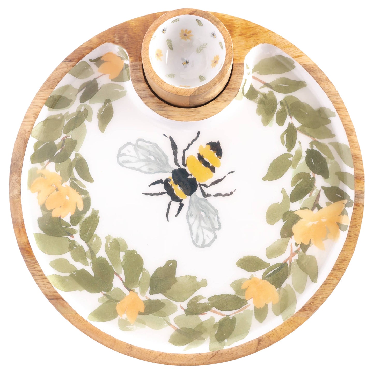 12" Dia Bee Field Round Mango Wood Platter & Bowl