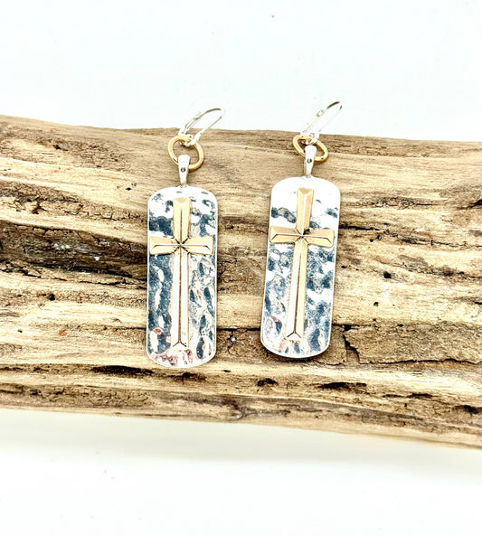 Earring Alloy Plated Multi Metal Gold Cross w/Silver