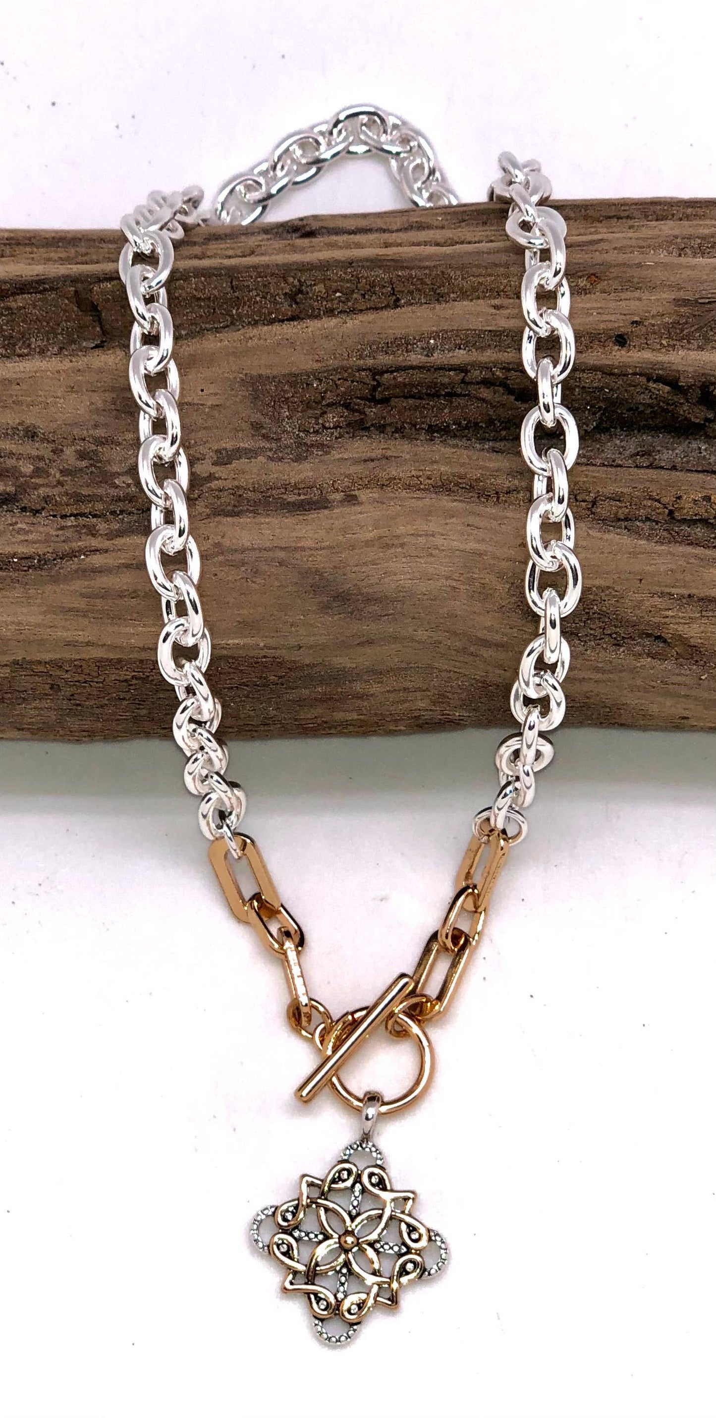 Necklace Alloy Plated Link Chain with Filigree Drop 18”