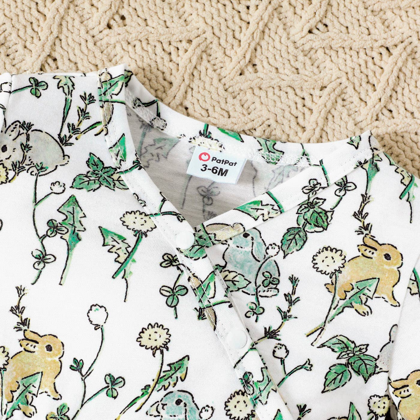 Baby Girl All Over Rabbit  Solid Ribbed V Neck Jumpsuit