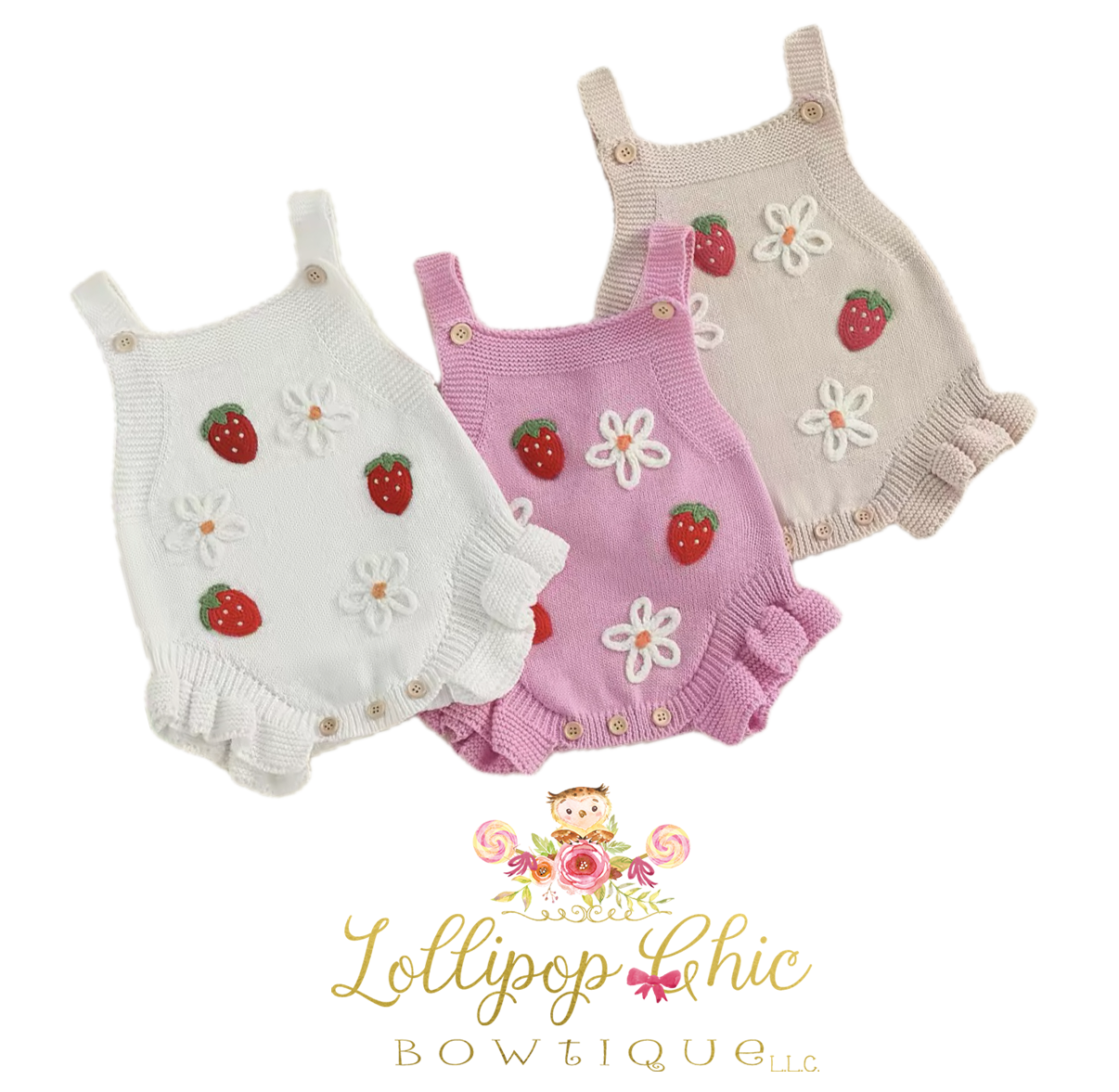 Baby Girl Knit Strawberry and Floral Romper: White - 0-3M