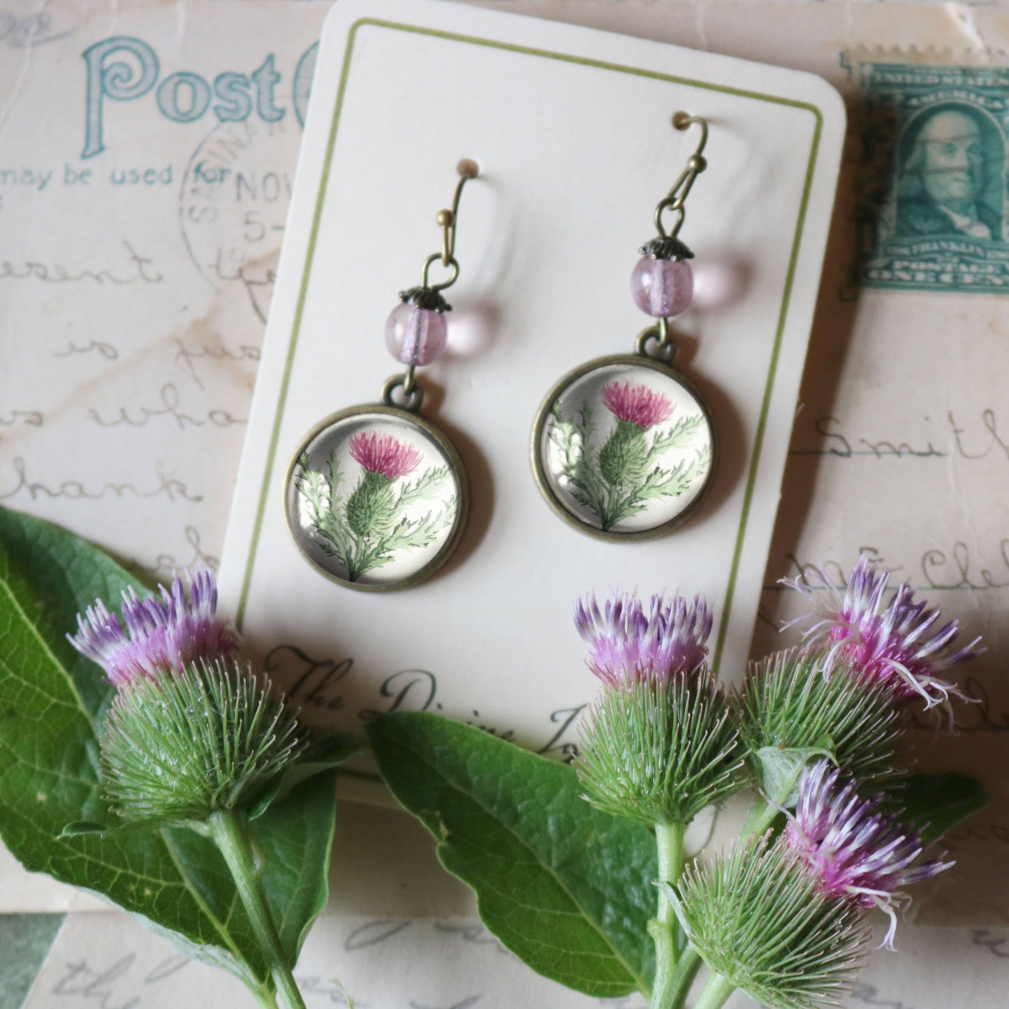Scottish Thistle Glass Cabochon Earrings
