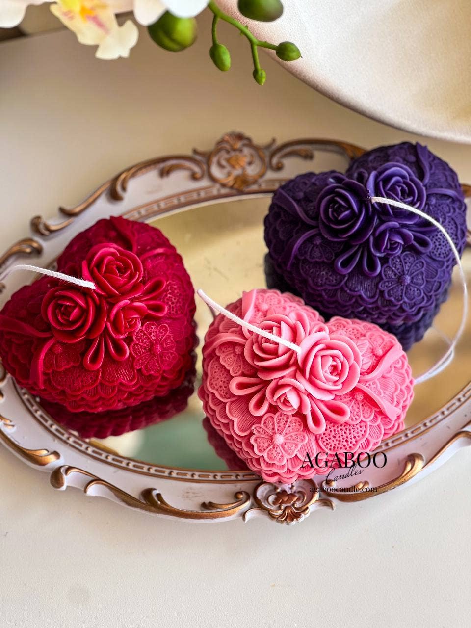 Elegant Rose-Adorned Heart Candle 3x5in - Valentines