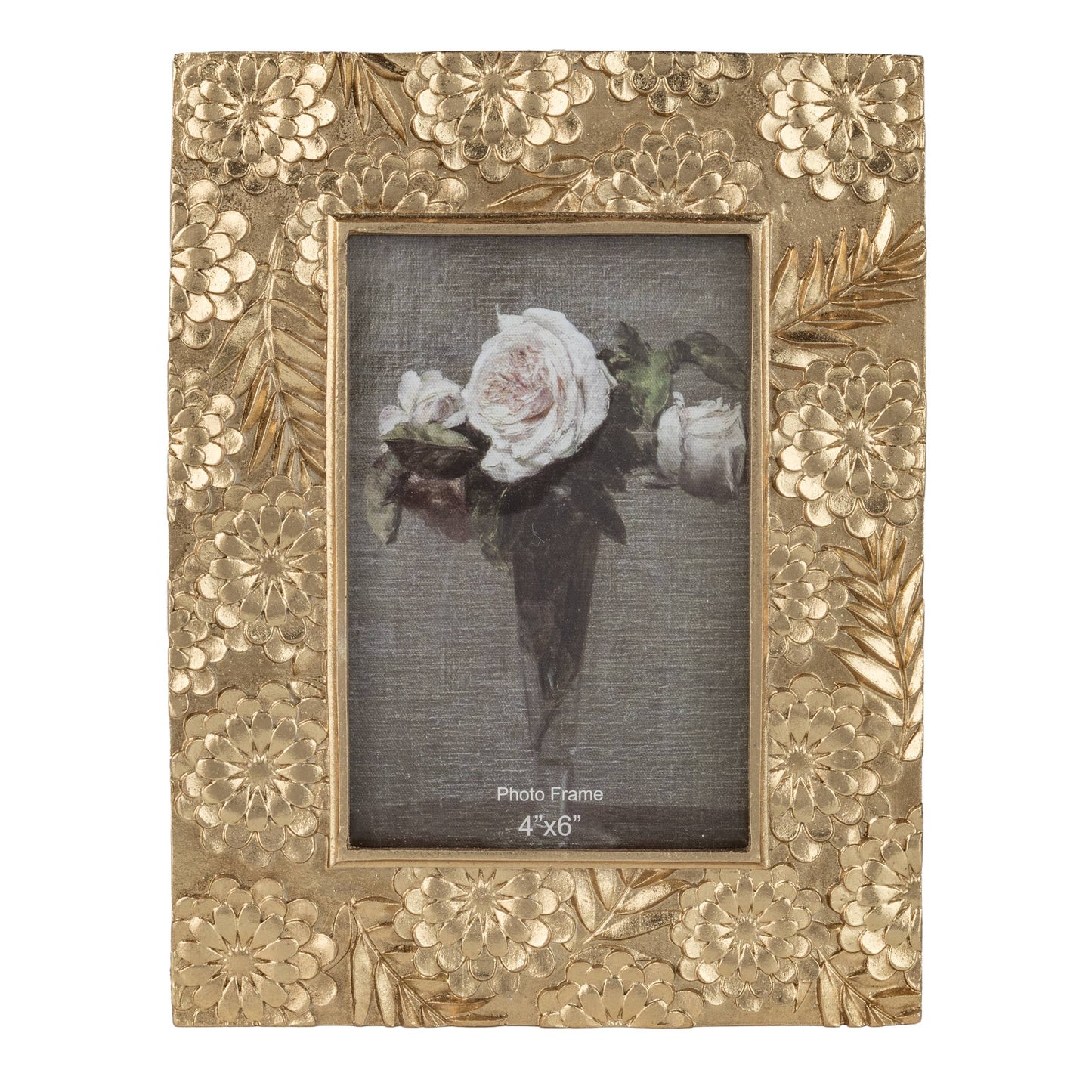 Floral motif picture frame, gold finish