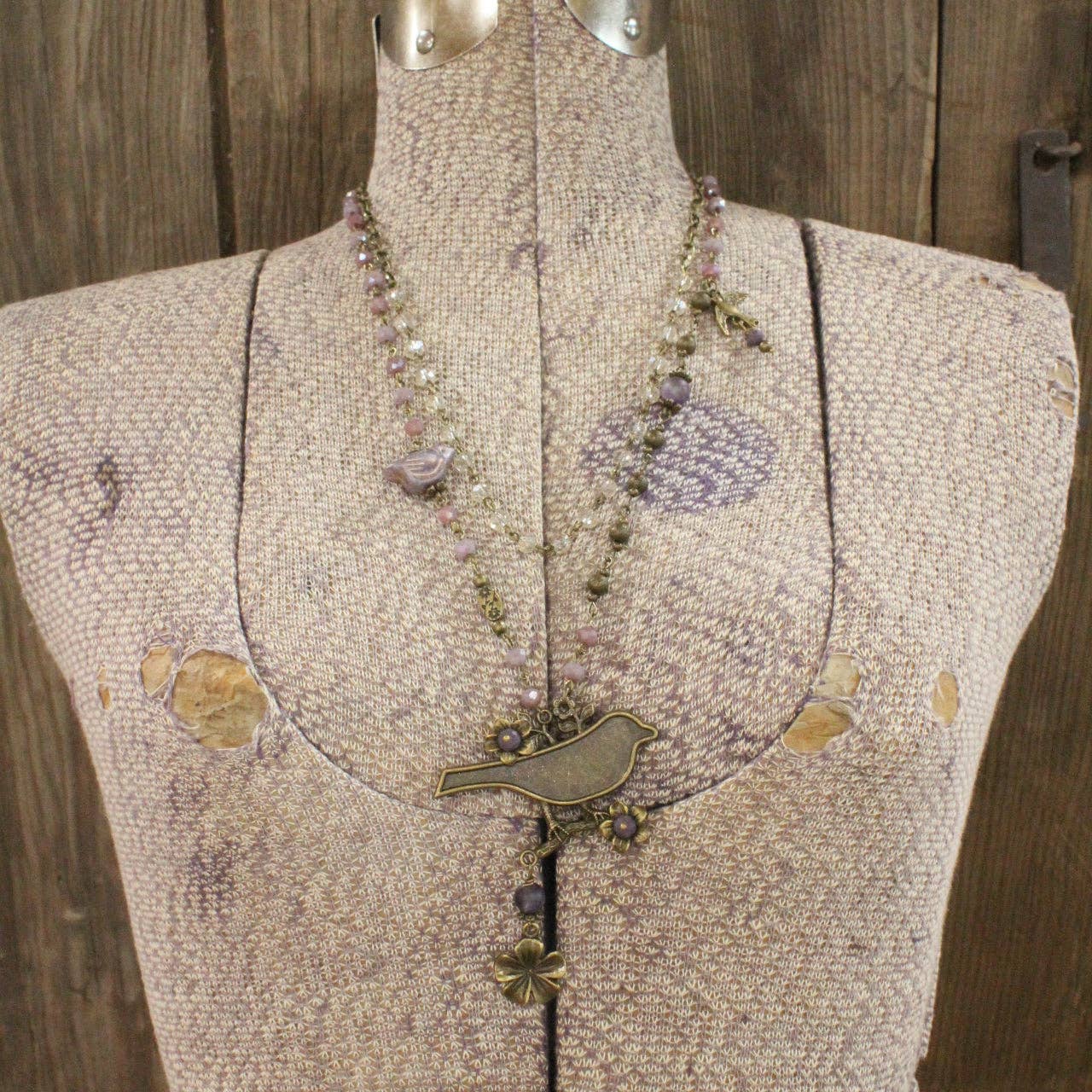 Bird Chirping Purple Czech Layered Necklace