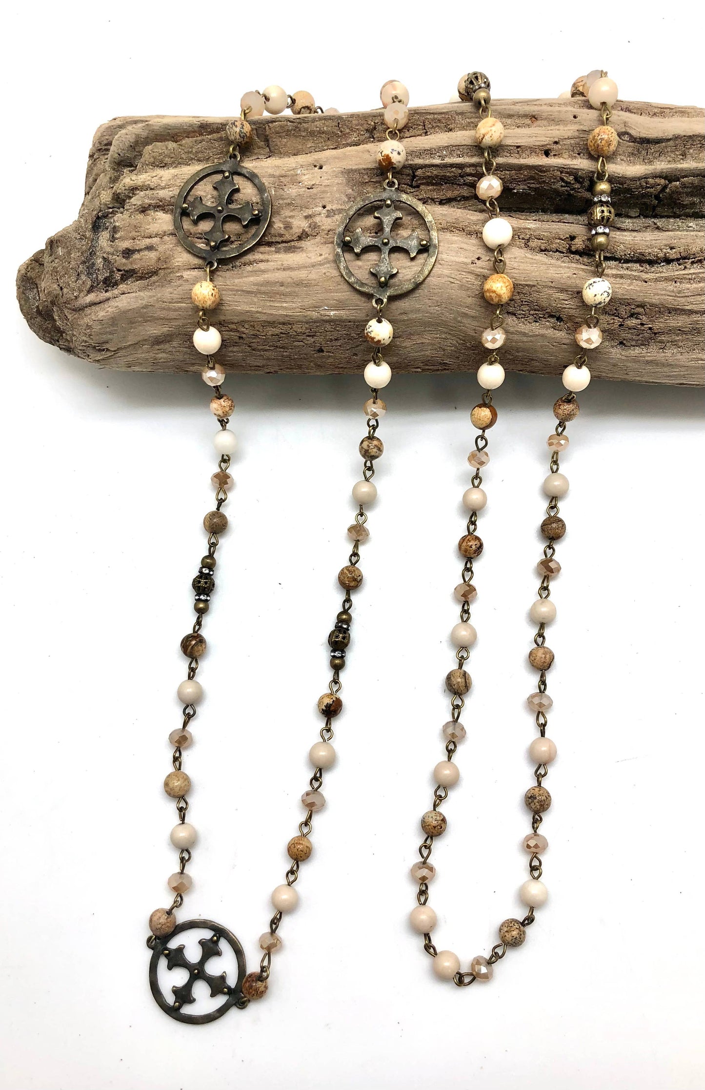 Necklace Antique Gold Picture Jasper (6mm)w/Cross Charms 51”