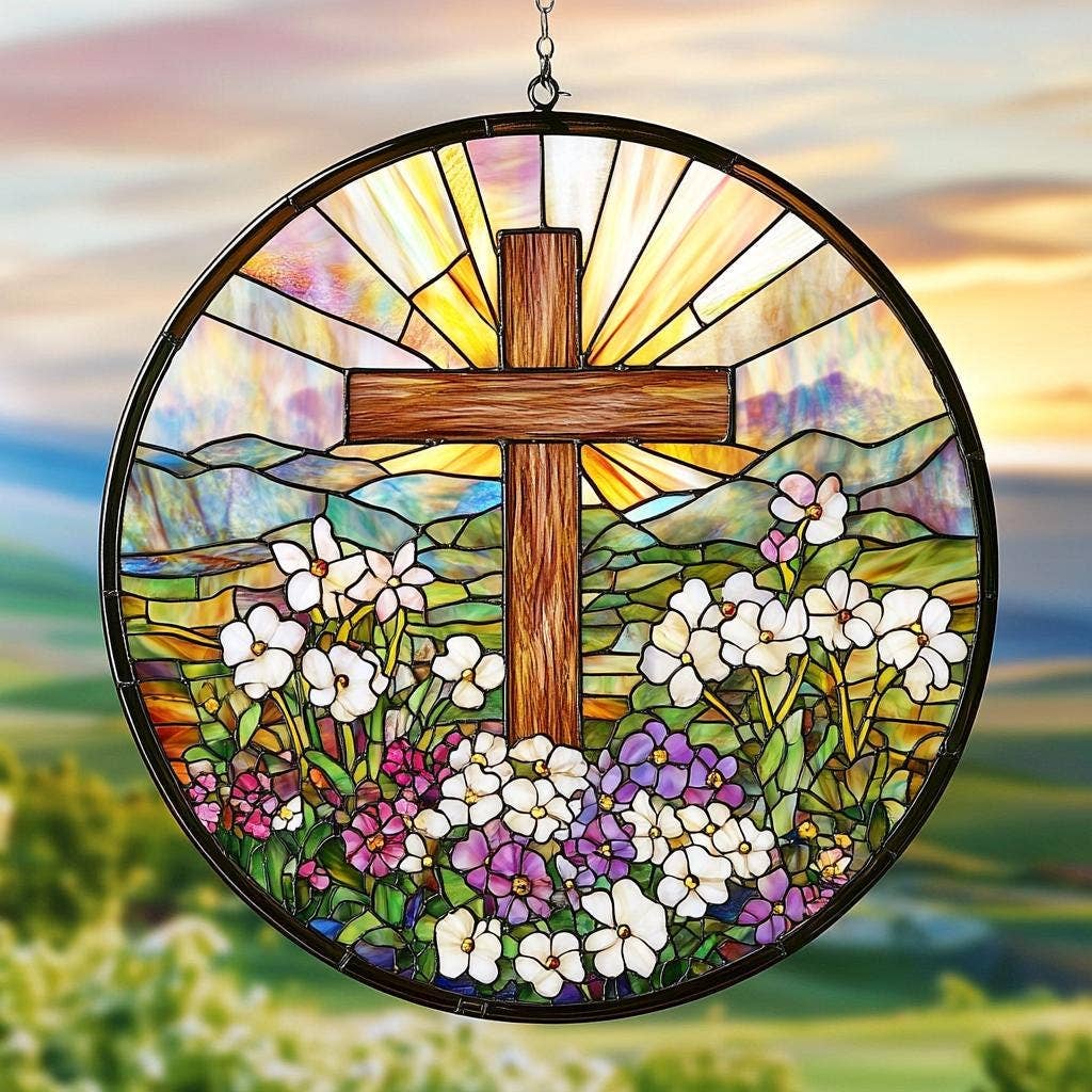 Stained Glass Cross And Wildflowers Suncatcher, Christian