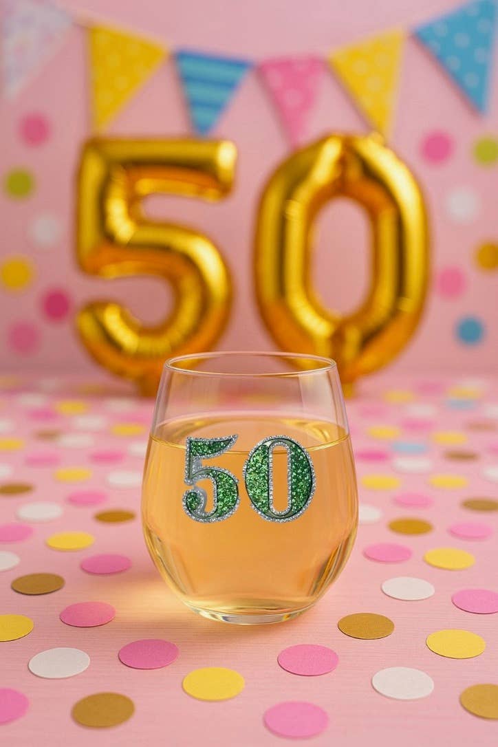 50th Birthday Jeweled Stemless Wine Glass