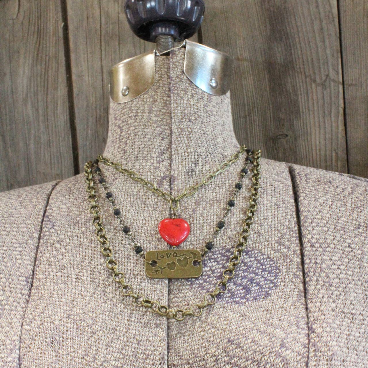 Cupid's Triple Layered Red Jasper Heart Necklace with Hematite Beads