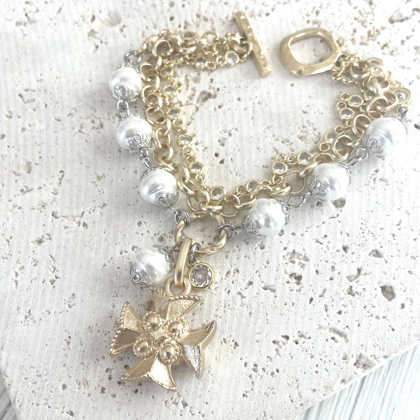 Triple layered pearl crystal bracelet vintage cross