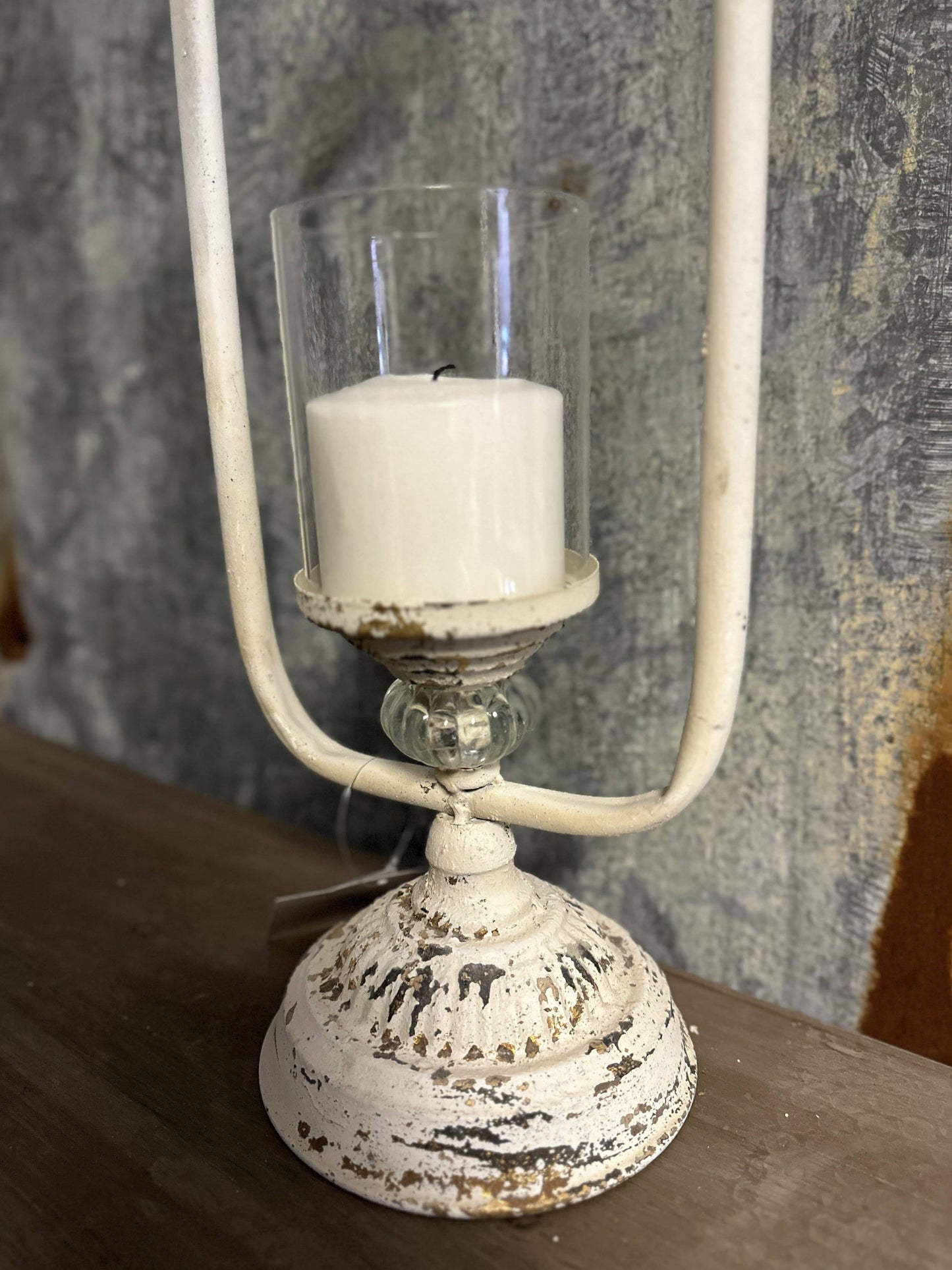 Vintage White Distressed Metal Candle Holder