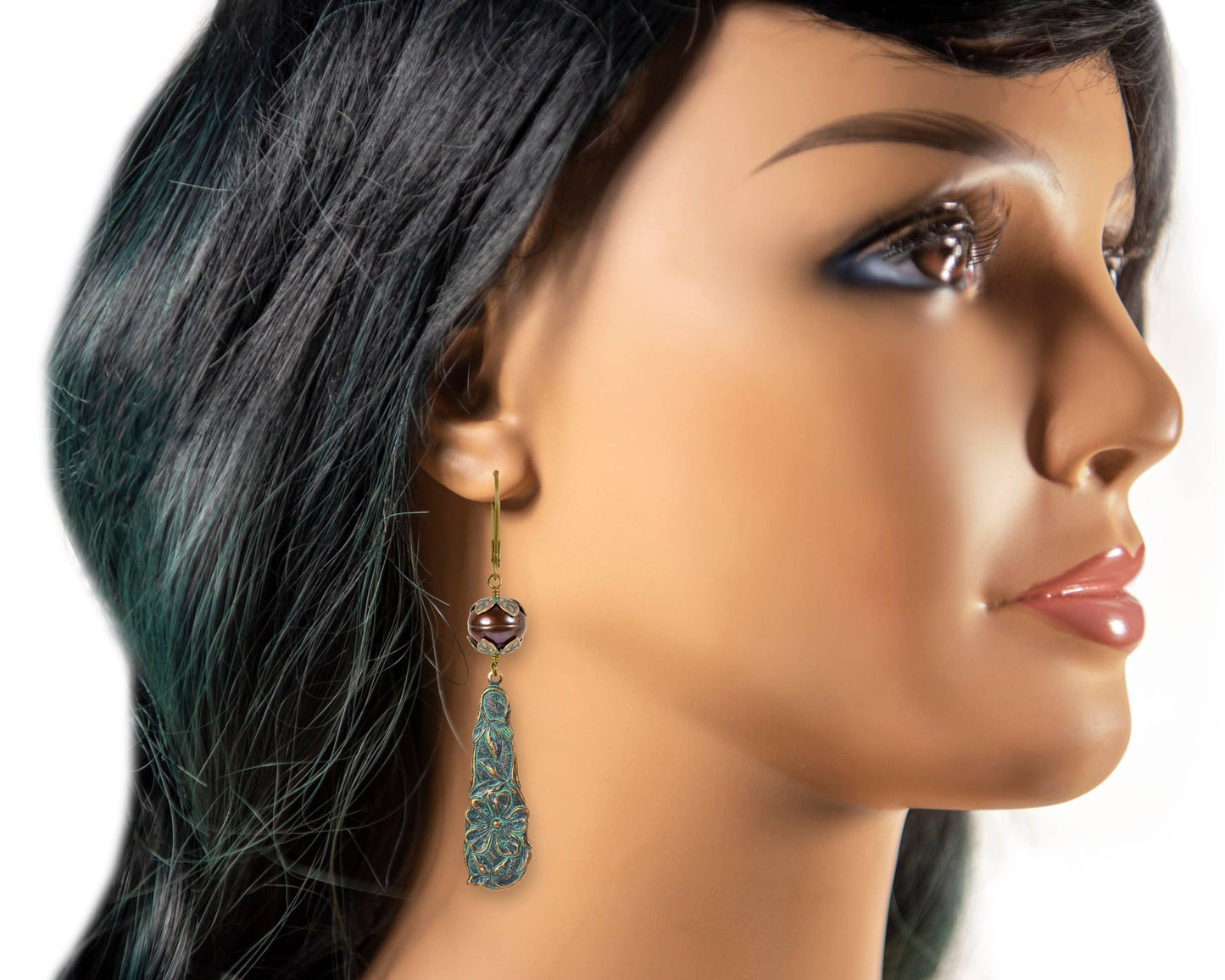 Pearl & Verdigris Flower Drop Earrings