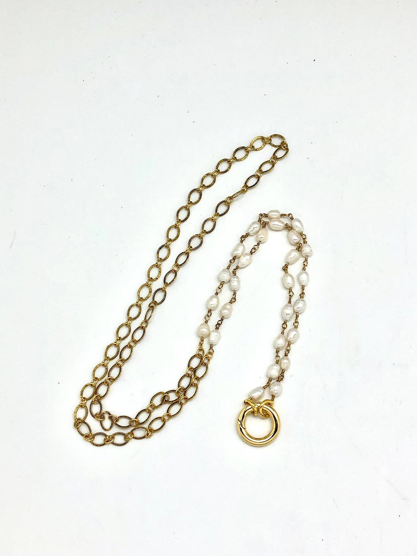 Necklace Freshwater Pearl w/Antique Gold Chain w/Gld Ring 34