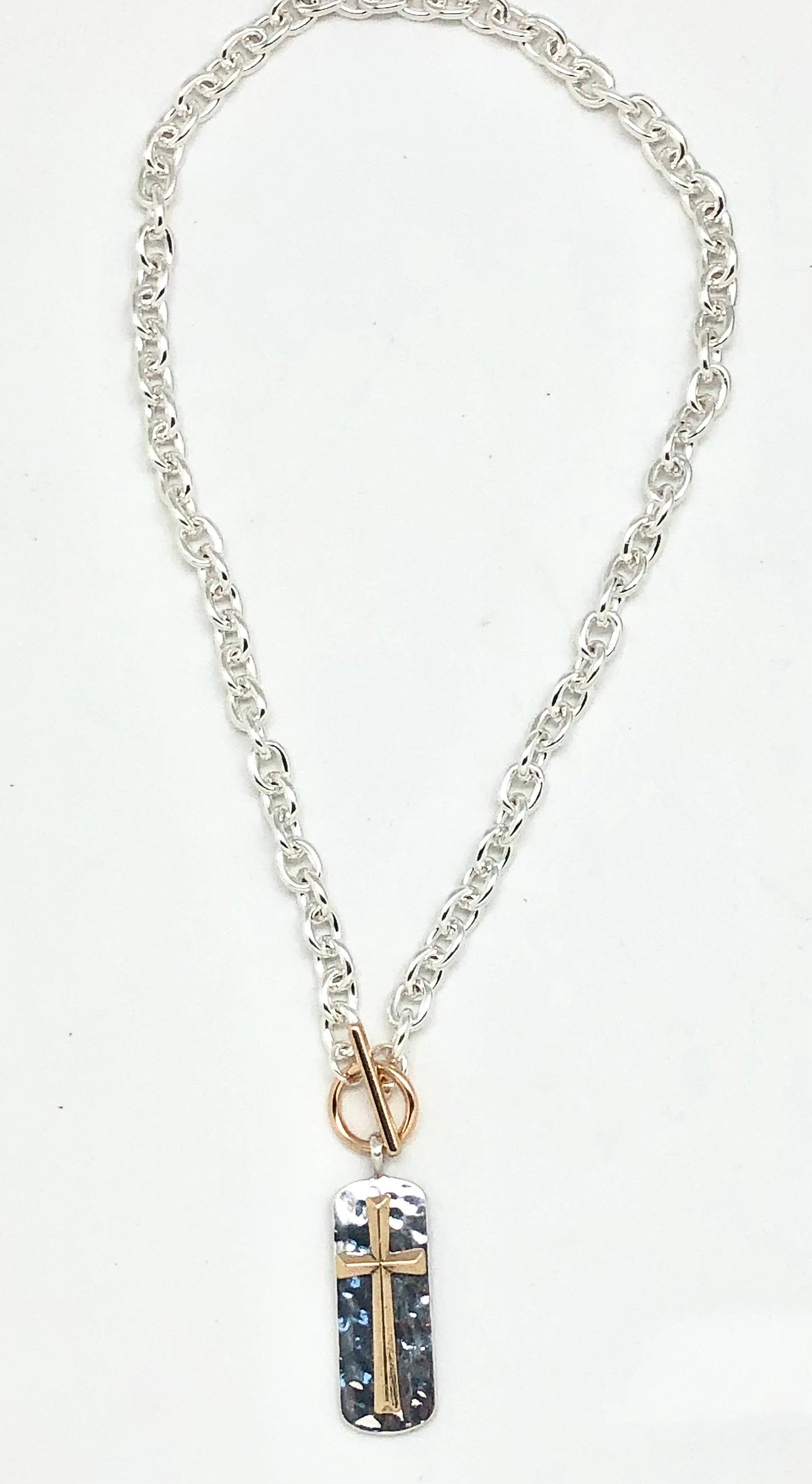 Necklace Alloy Plated Silver LinkChain Toggle w/Cross 18”