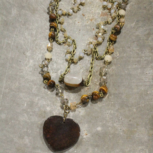 Triple Layers of Love Brown Stone Heart Necklace