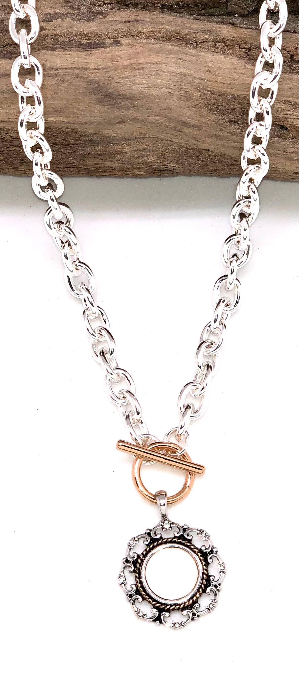 Necklace Alloy Plated Link Chain w/Mille Fiori Drop 18”