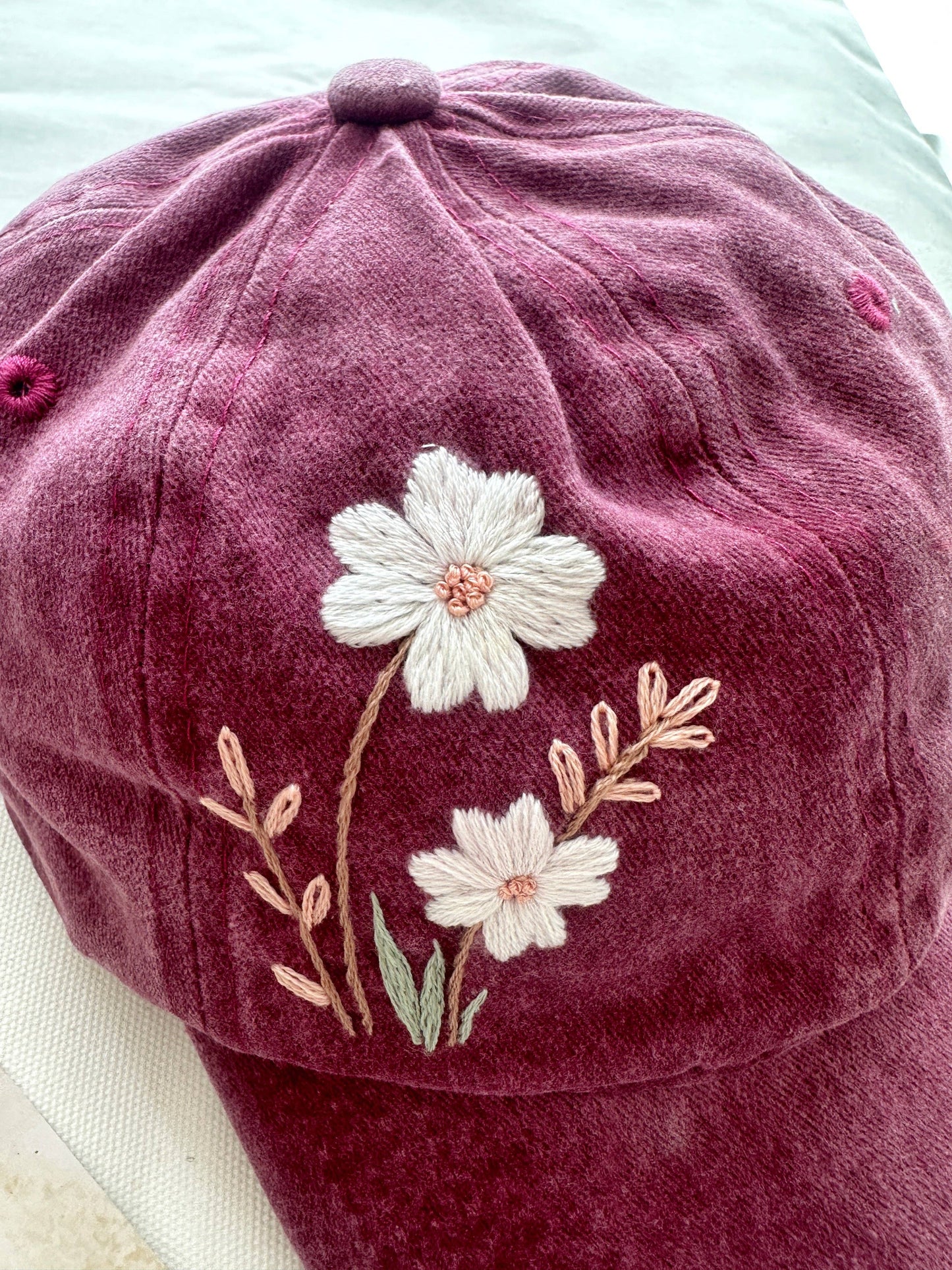 White Flower Embroidered Baseball Cap