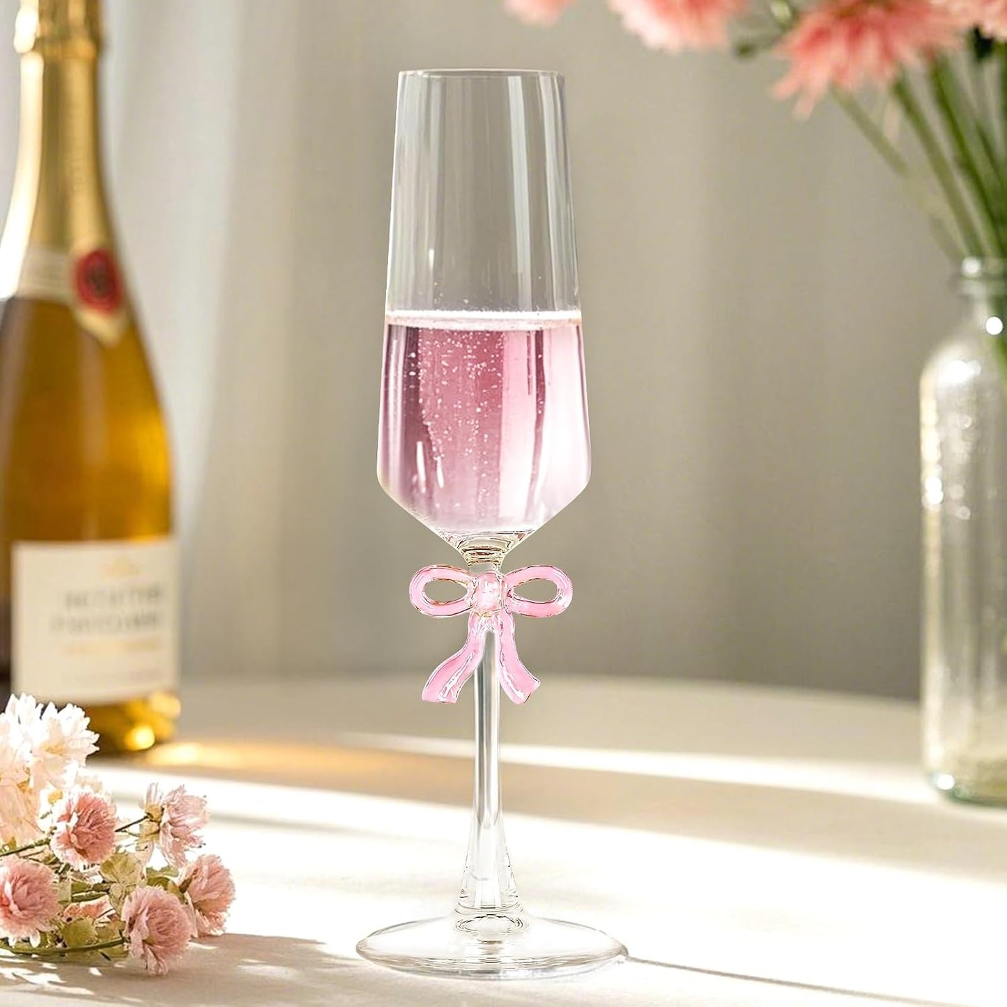 Set of 2- Crystal Champagne Flutes with Romantic Pink Bow,