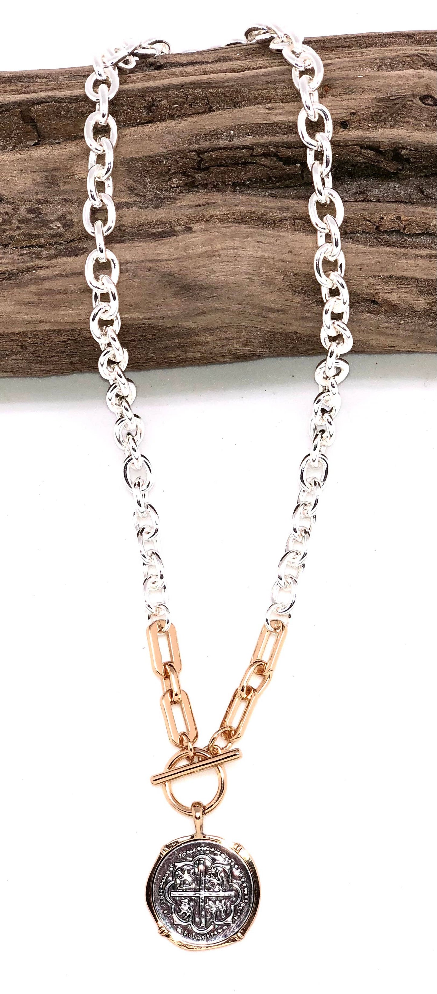 Necklace Alloy Plated Silver Link Chain w/Coin Drop 18”