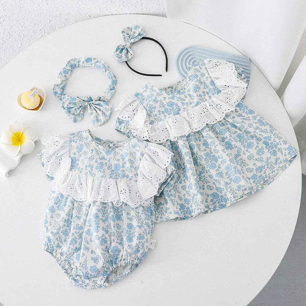 Blue Floral Lace Baby Girls Romper Match Headband: 18M