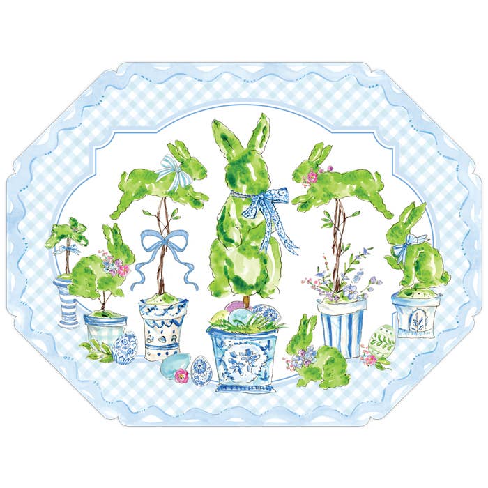 Bunny Topiaries In Blue Pots Posh Die-Cut Placemat -RosanneBeck Collections