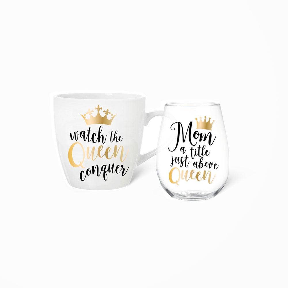 Mug & Wine Glass Set Mom/Queen