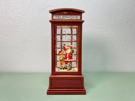 7.85” B/O Lighted Santa Phone Booth Lantern Glitter Globe