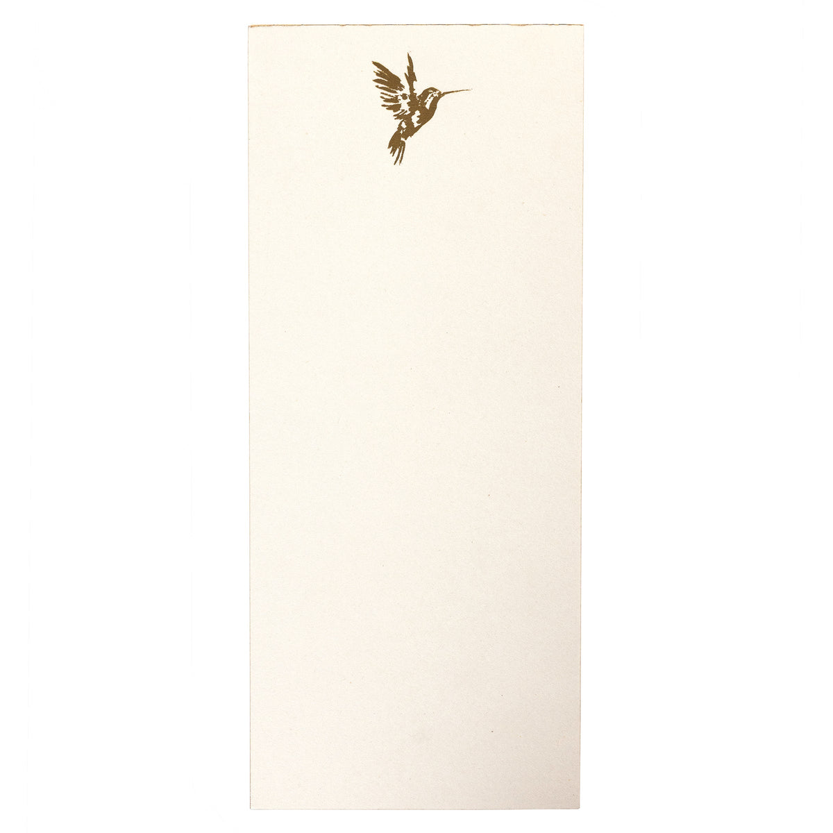 La Petite Presse Hummingbird Gilded Desktop Notepad, A cream notepad with a gold foil hummingbird at the top corner and a gold gilded edge, tied with a gold ribbon.