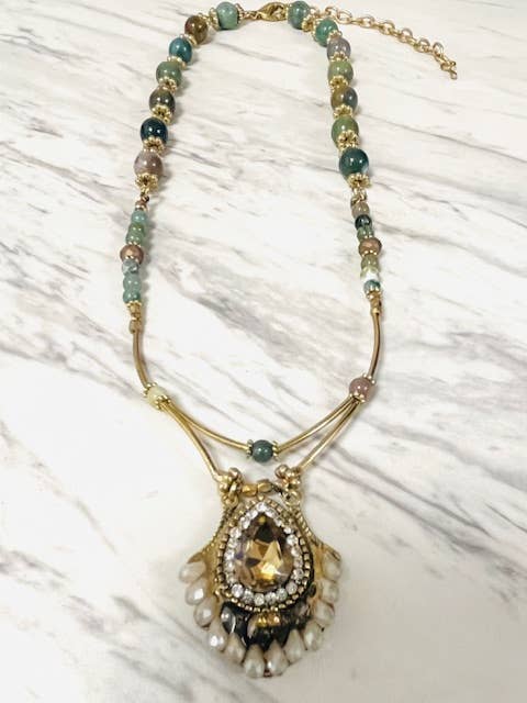 Anita K By Blushing Pink - Fancy Jasper Necklace with Crystal Pendant Drop