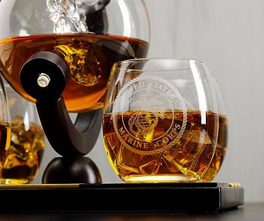 U.S. Marine Globe Whiskey Decanter Set with 4 Liquor Glasses