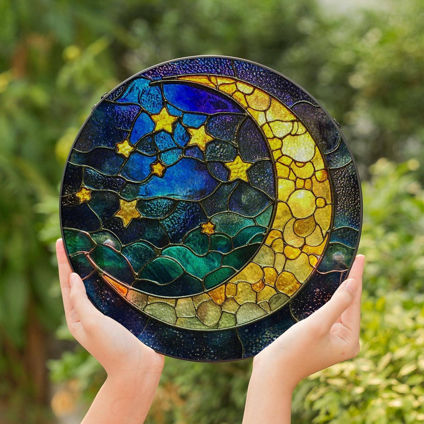 Moon and Stars Stained Glass Suncatcher, Mystical Night