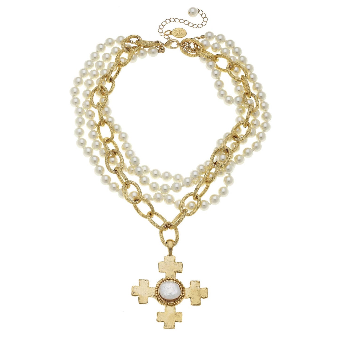 Gold Cross on 4 Row Genuine Shell Pearl Necklace