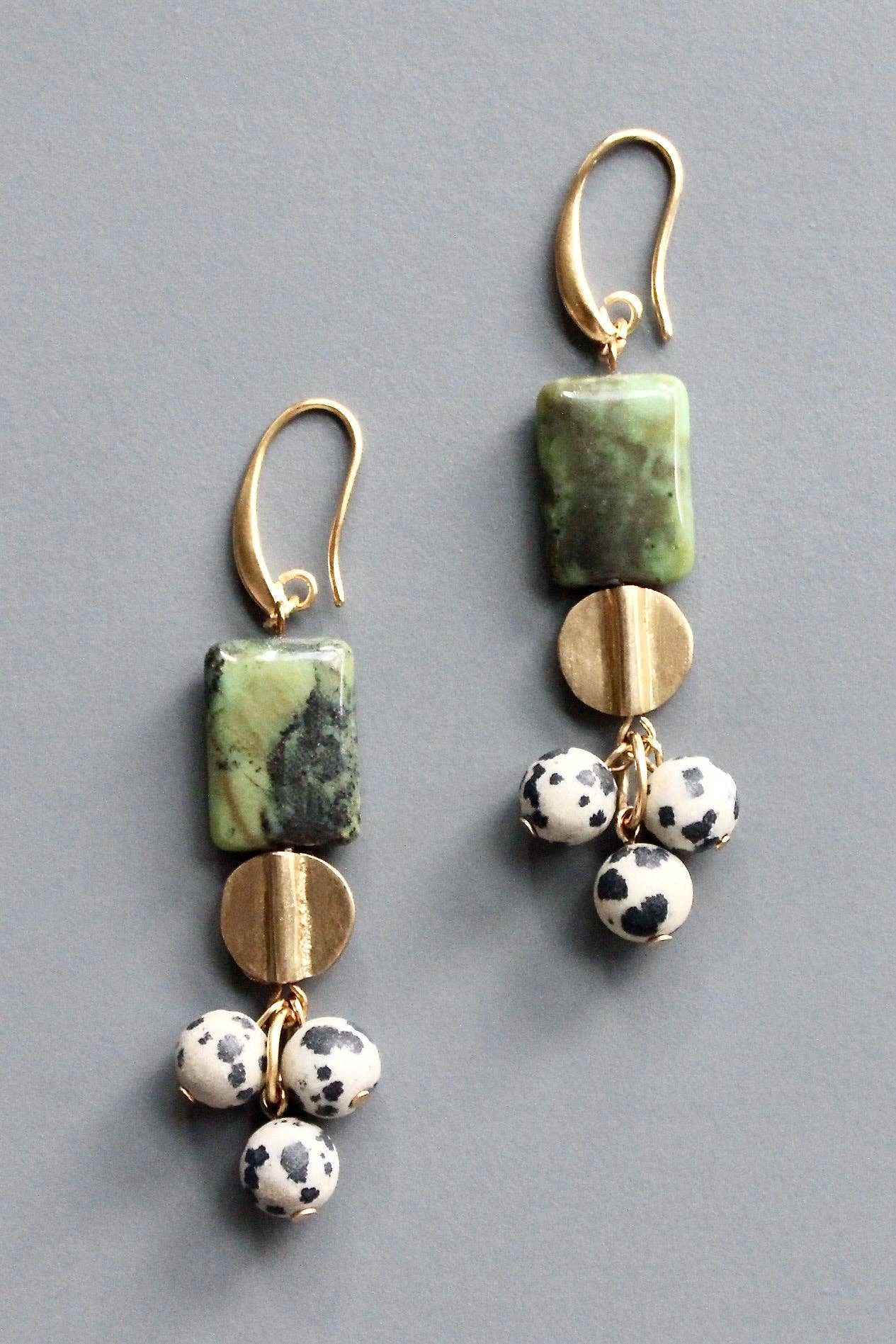 Green and Dalmatian Jasper Dangle Earrings