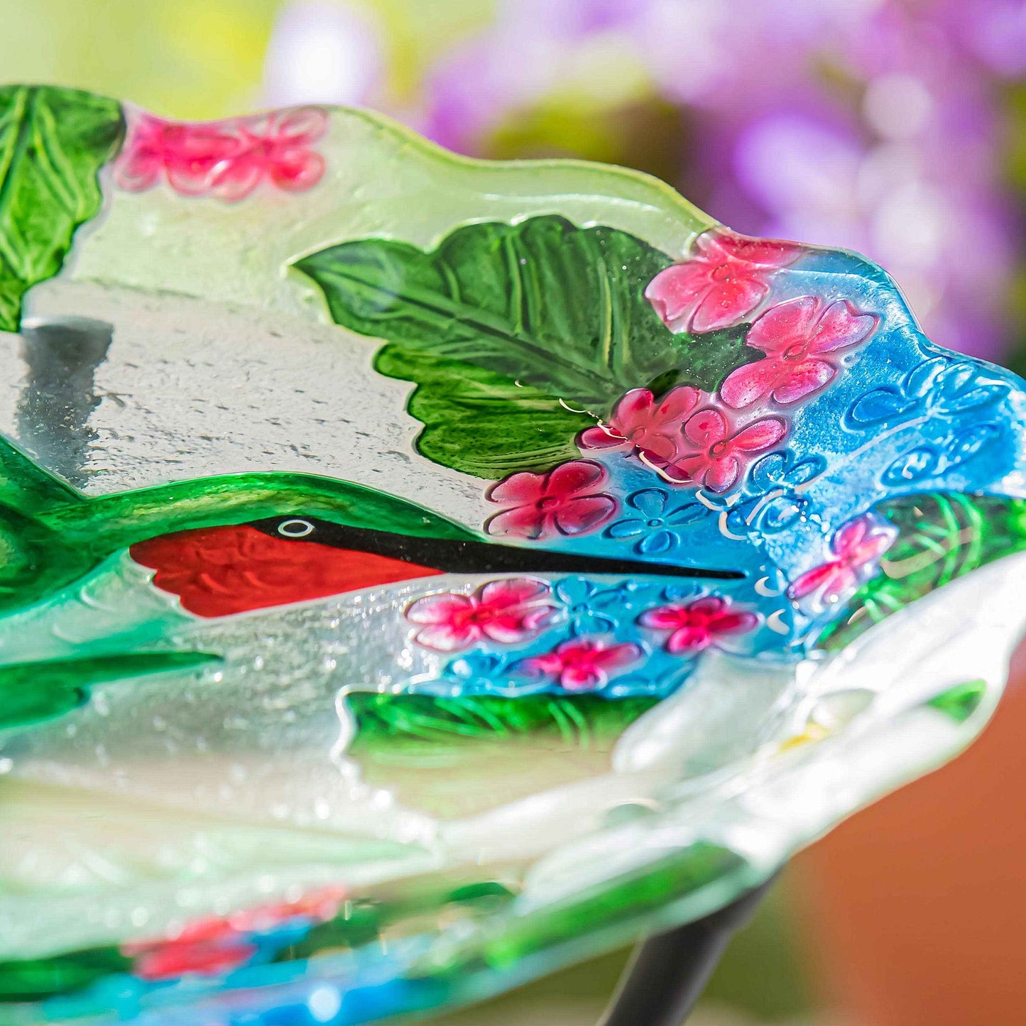 18"Hand Painted and Embossed Glass Shaped Bird Bath, Humming