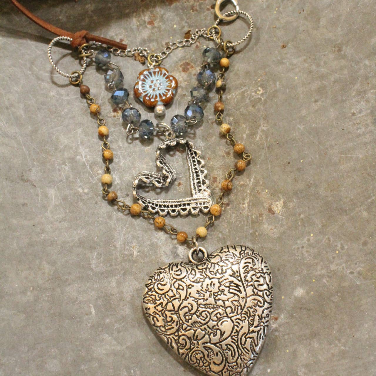 The Primitive Peddler, Inc. - Czech Flower & Leather Silver Heart Layered Necklace