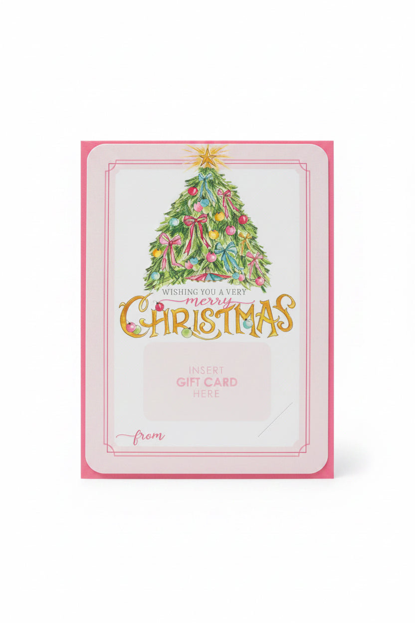 Hand Painted Christmas Tree with Pink Bows Gift Card Greeting