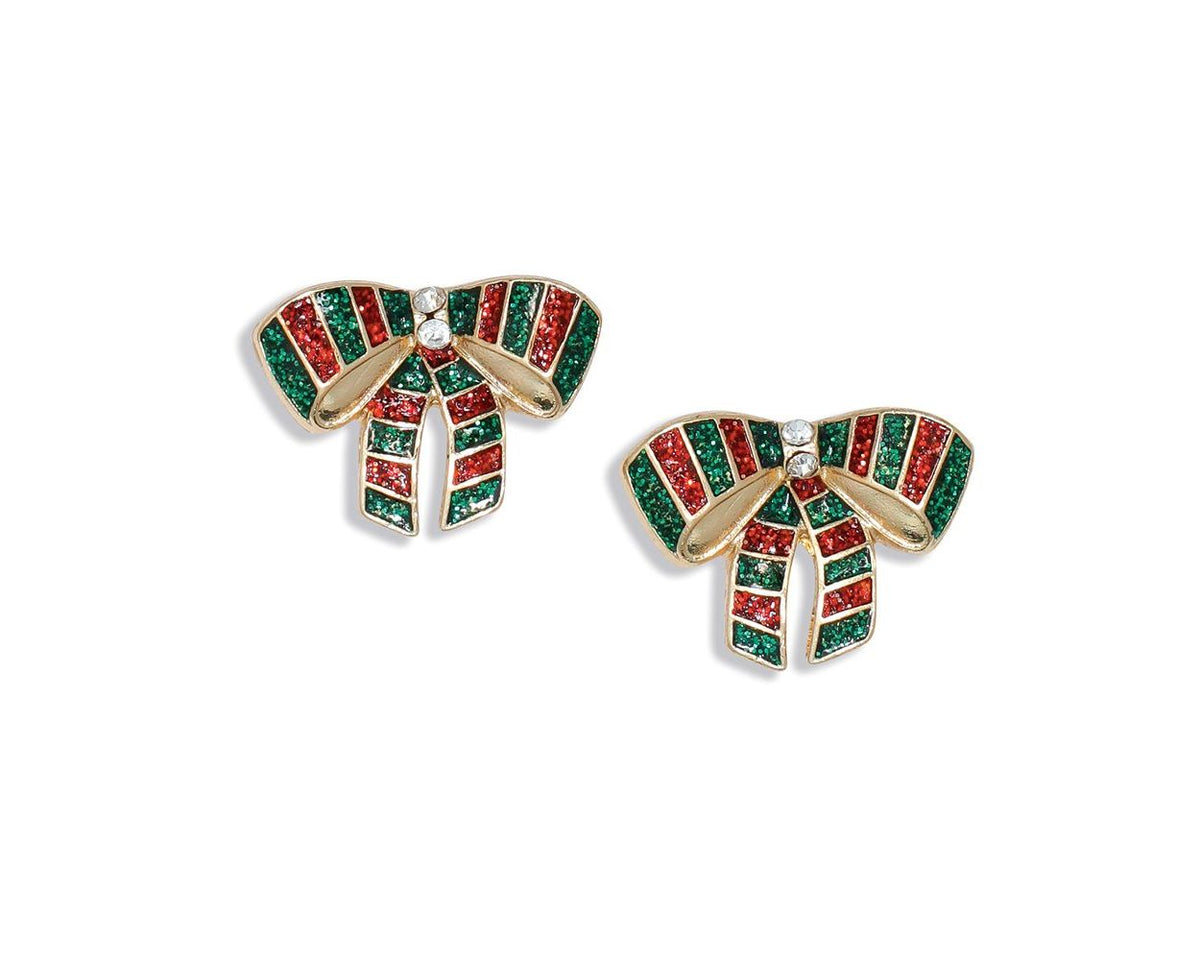 Red and Green Glitter Striped Bow Earrings